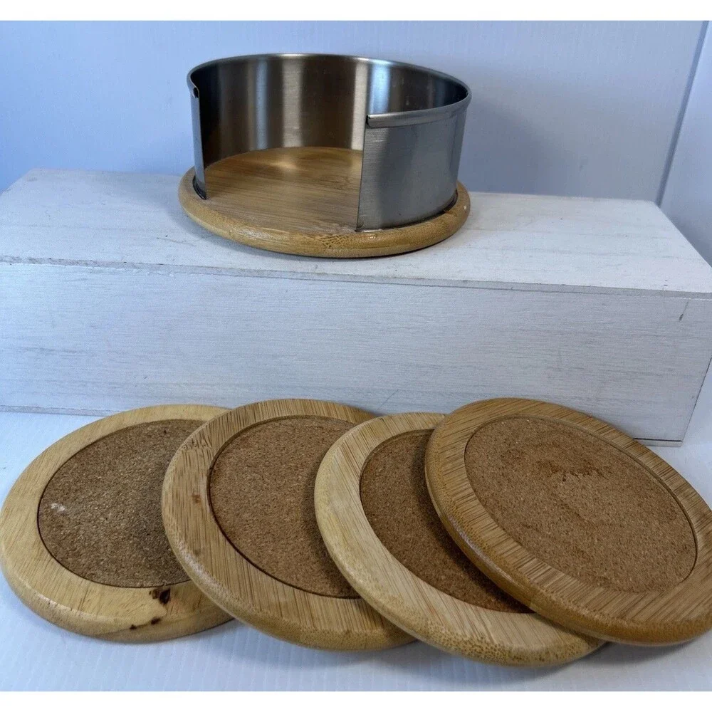2015 BETTER HOMES Set Of 4 BAMBOO & CORK COASTERS IN Metal Holder